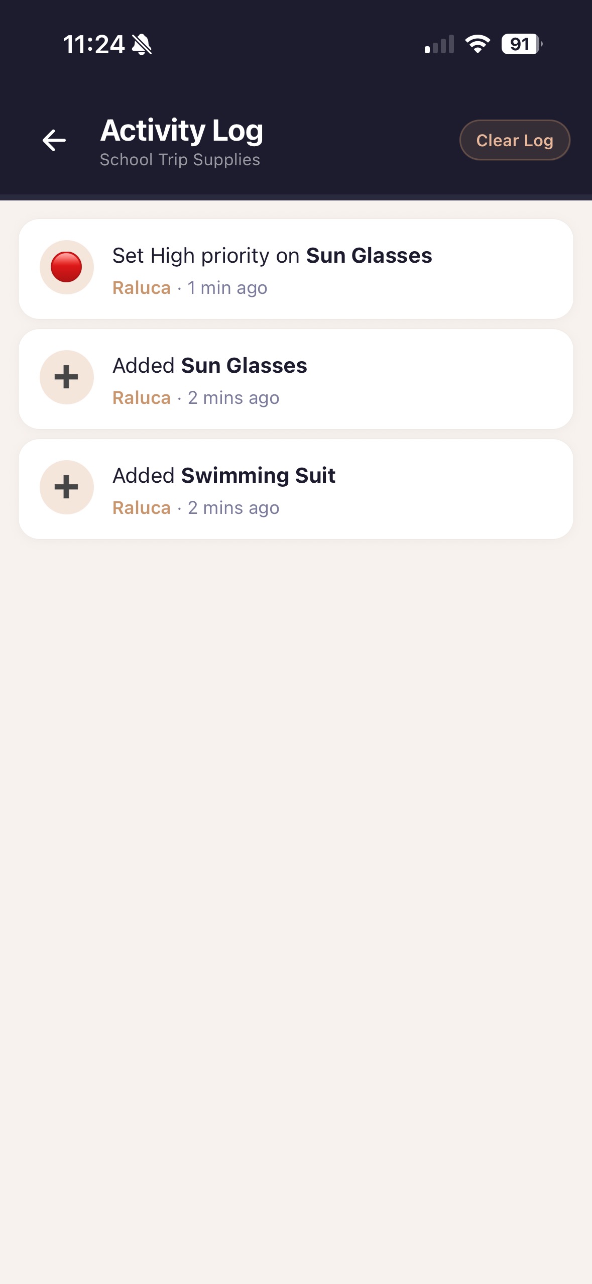 Activity log
