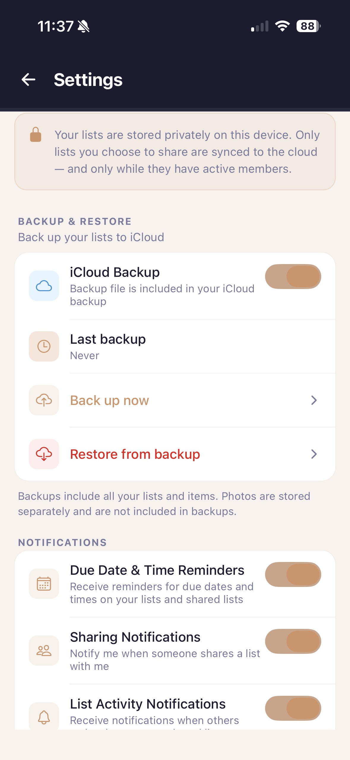Settings screen